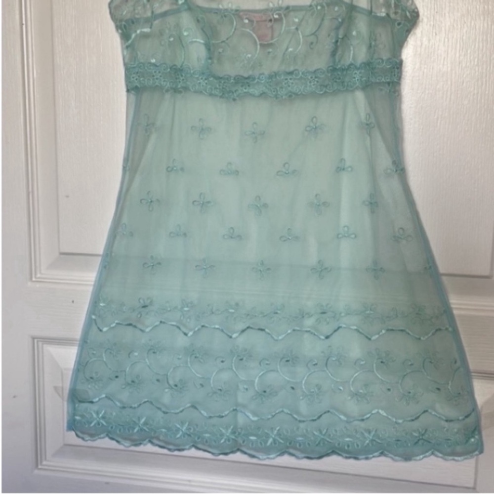 Victoria’s Secret Sheer Mini Dress Green Mint Slip Embroidery Eyelets Holiday S - Picture 8 of 17